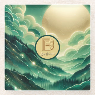 Gradient Emerald Kelly Green Glitter Monogrammed Glass Coaster