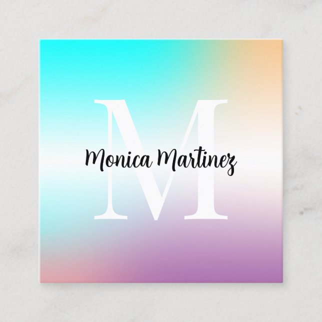 Gradient faux metallic texture with monogram square business card (Front)