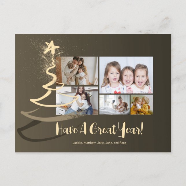 Gradient Gold Glitter Tree 5 Photos Holiday Postcard (Front)
