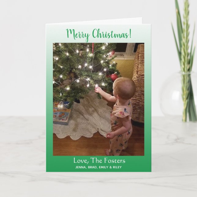 Gradient Green Merry Christmas Family Photo Card (Front)