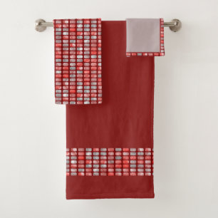 Gradient grey and red small blocks pattern bath towel set