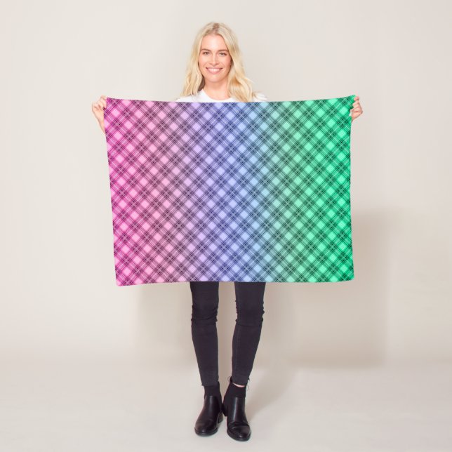 Gradient grid chequered plaid tartan pattern pink fleece blanket (In Situ)