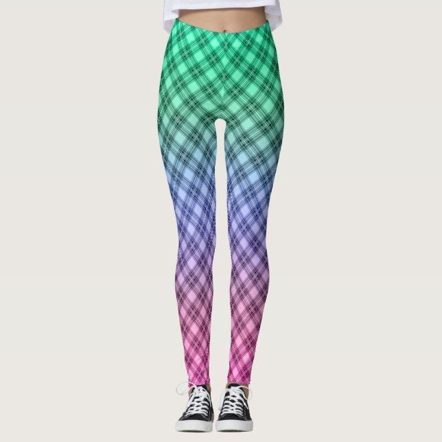 Gradient grid chequered plaid tartan pattern pink leggings (Front)
