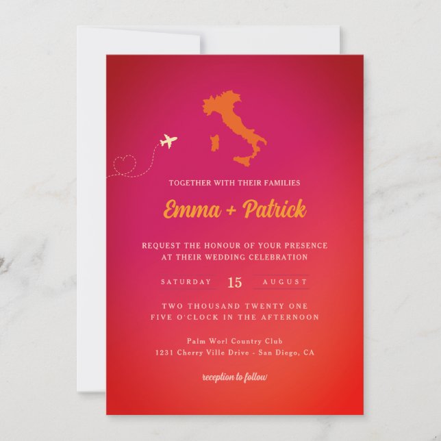 Gradient Italian Sunset Sky Orange Magenta Wedding Invitation (Front)