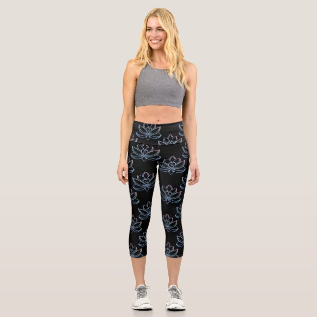 Gradient Lotus Scattered Black Background Capri Leggings (Front)