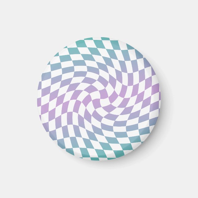 Gradient Ombre Blue Lilac Warped Check Chequered Magnet (Front)