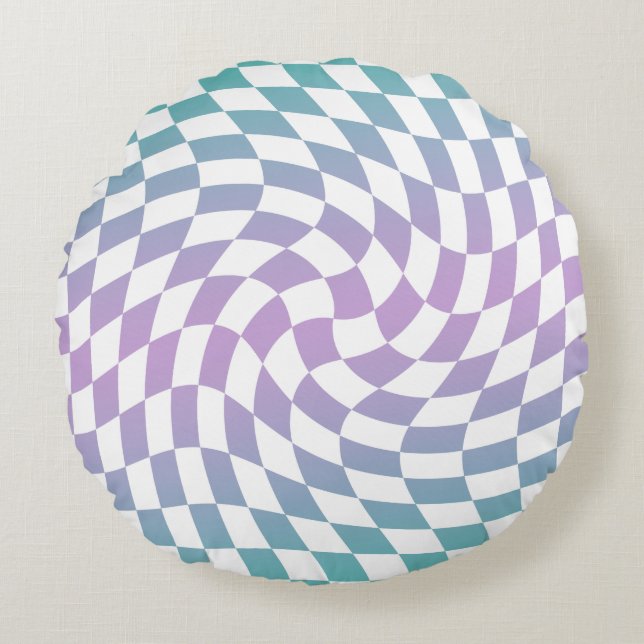 Gradient Ombre Blue Lilac Warped Check Chequered   Round Cushion (Front)