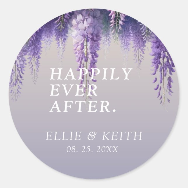 Gradient Purple Floral Happily Ever After Wedding Classic Round Sticker (Front)