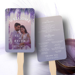 Gradient Purple Floral Photo Wedding Program Hand Fan