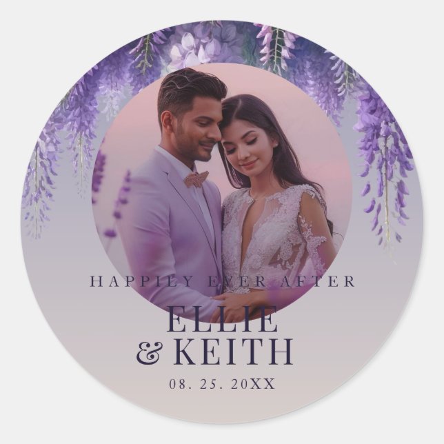 Gradient Purple Happily Ever After Photo Wedding Classic Round Sticker (Front)