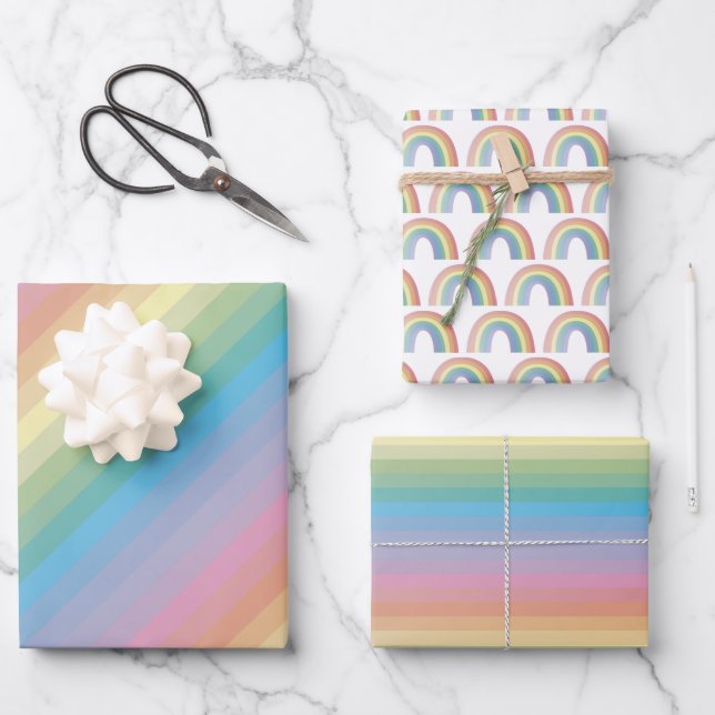 Gradient Rainbow Stripes and Cute Rainbow Pattern Wrapping Paper Sheet (Front)