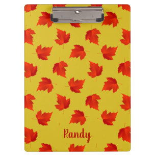 Gradient red dry leaves custom name yellow clipboard