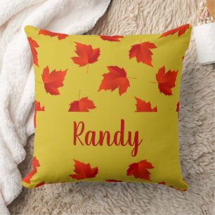 Gradient red dry leaves custom name yellow cushion