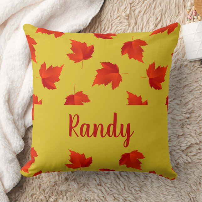 Gradient red dry leaves custom name yellow cushion (Blanket)