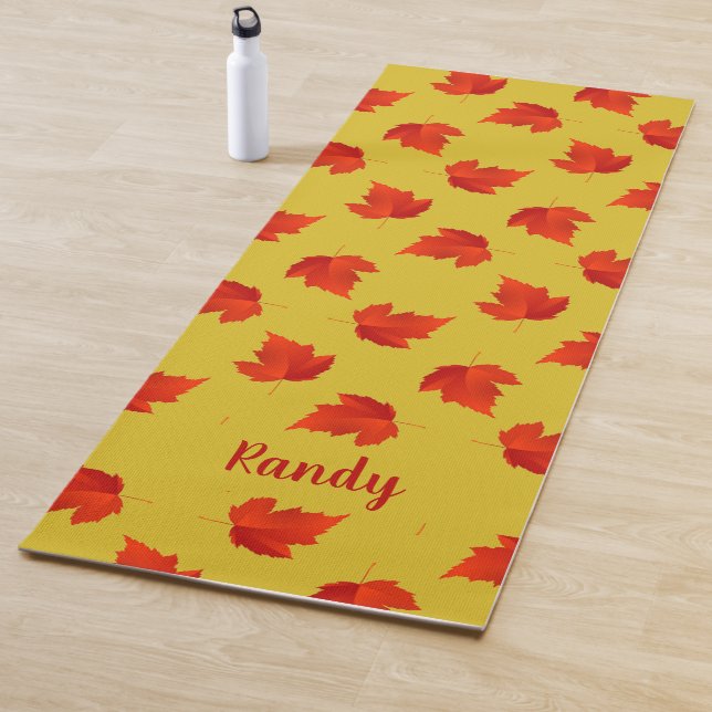 Gradient red dry leaves custom name yellow yoga mat (In Situ)