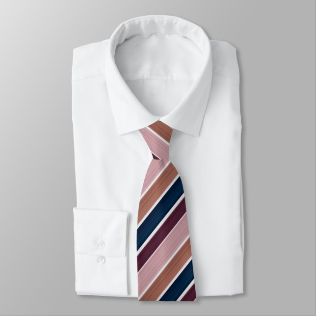 Gradient Stripe Pattern Rose Gold Plum Navy Tie (Tied)