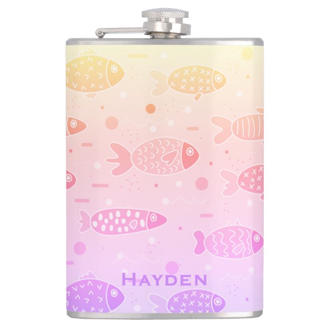 Gradient Sunset Fish Pattern Modern Personalised Hip Flask (Front)