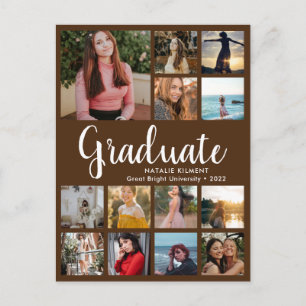 Graduate 13 Photo Collage Brown & White Graduation Announcement Postcard