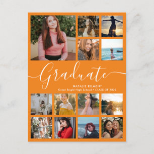 Graduate 13 Photo Collage Orange Graduation Announcement Postcard