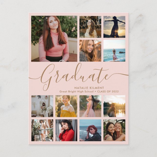 Graduate 13 Photo Collage Pink & Gold Graduation Announcement Postcard (Front)