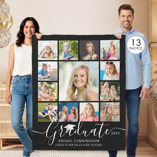 Graduate 13 Photo Collage Script Custom Colour Fleece Blanket (Creator Uploaded)