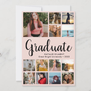 Graduate 14 Photo Collage Pink & Black Graduation Invitation