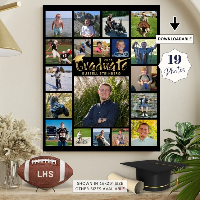 Graduate 19 Photo Gold Brush Typography Black Poster (Creator Uploaded)