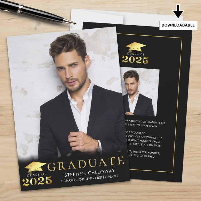 Graduate 2025 Black Faux Metallic Gold 2 Photos Announcement (Creator Uploaded)