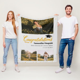 Graduate 2025 Photo Collage Gold Graduation Fleece Blanket