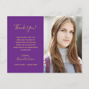 Graduate 2025 photo purple gold Thank You Postcard
