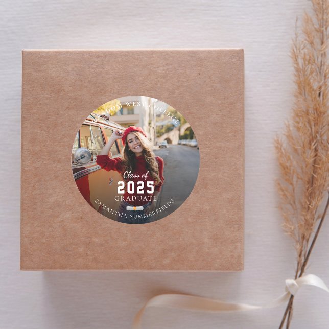 Graduate 2025 Red Photo Graduation Party Classic Round Sticker (Graduation 2025 Photo Red and White Round Sticker)