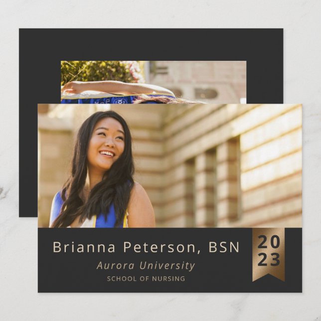 Graduate 2 Photo Black Gold Faux Foil Sash  Announcement (Front/Back)