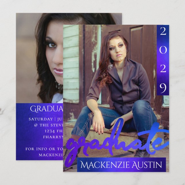 Graduate 2 Photo | Mermaid Ombre Blue Green Party Invitation (Front/Back)