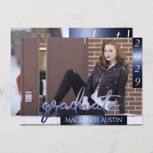 Graduate 2 Photo   Navy Script Dark Blue Keepsake Invitation