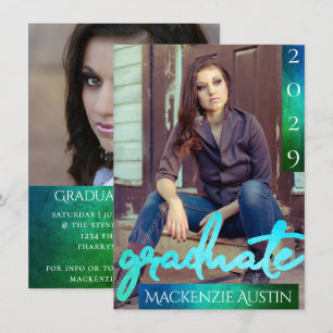 Graduate 2 Photo   Ombre Script Dark Blue Keepsake Invitation