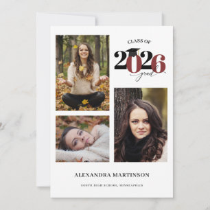 Graduate 3 Photo Collage Maroon Class of 2022 Invitation