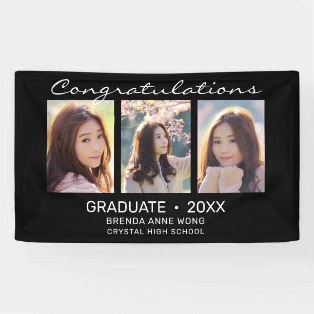 Graduate 3 Photo Collage  White Script 2023 Banner (Horizontal)