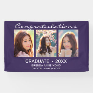 Graduate 3 Photo Collage White Script Purple 2021 Banner