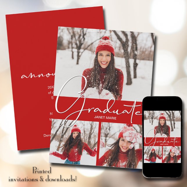 Graduate 3 Photo Scarlet Graduation Announcement (Creator Uploaded)
