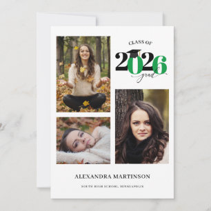 Graduate 3 Photos Collage Green Class of 2026 Invitation