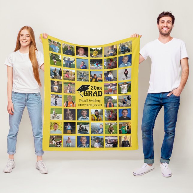 Graduate 44 Photo Collage Gold Personalised Fleece Blanket (In Situ)