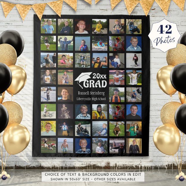 Graduate 44 Photo Collage Name School Black Tapestry (Creator Uploaded)