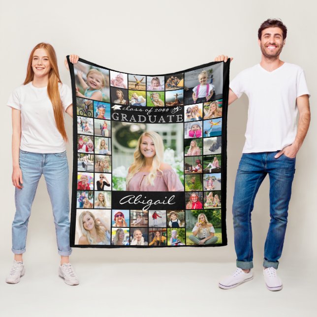 Graduate 45 Photo Collage Script Custom Colour Fleece Blanket (In Situ)