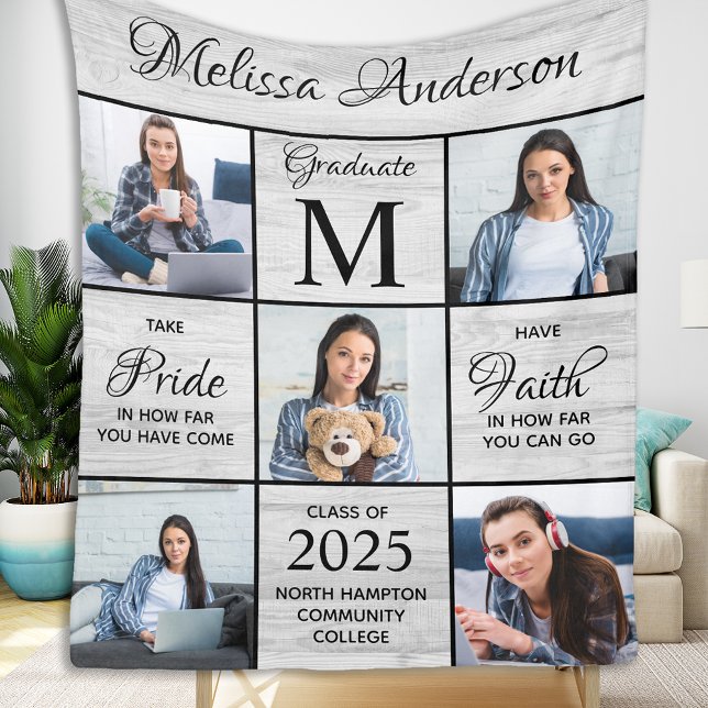 Graduate 5 Photo Collage Grey Rustic Graduation Fleece Blanket (Creator Uploaded)