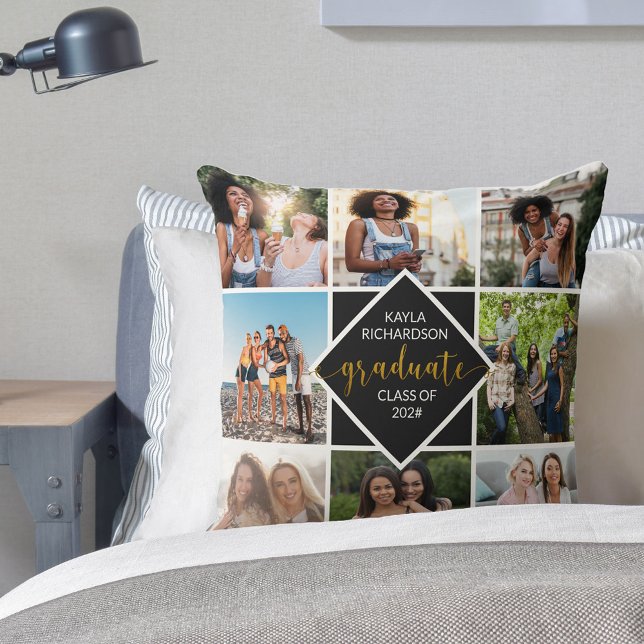 Graduate 8 Photo Collage Black and Gold Graduation Cushion (Creator Uploaded)