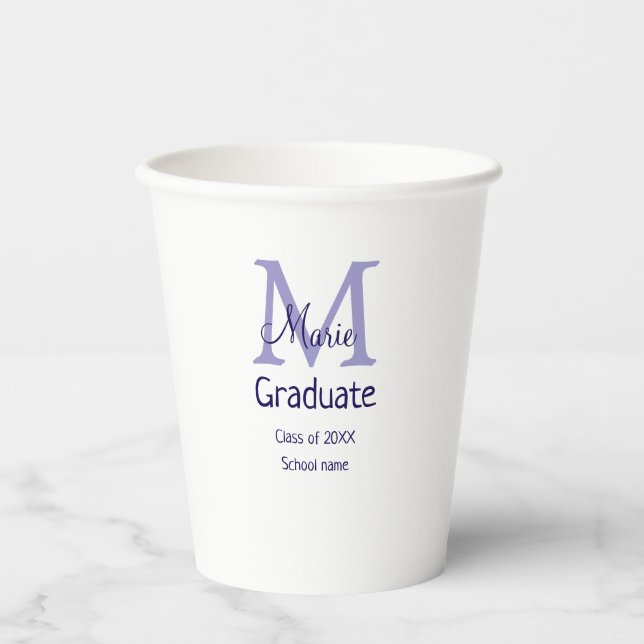 Graduate add name monogram purple simple minimal m paper cups (Front)