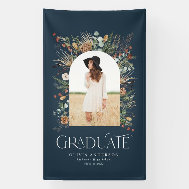 Graduate arch 1 photo navy blue botanical modern banner (Vertical)