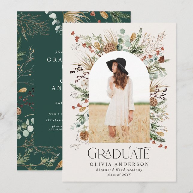 Graduate arch photo green botanical modern  announcement (Front/Back)