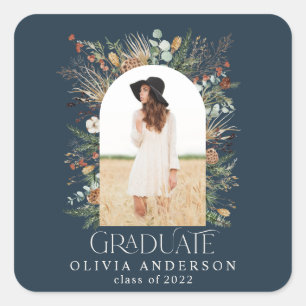 Graduate arch photo terracotta botanical blue square sticker