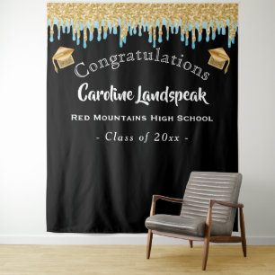 Graduate Backdrop Blue Gold Glitter Dripping Tapestry